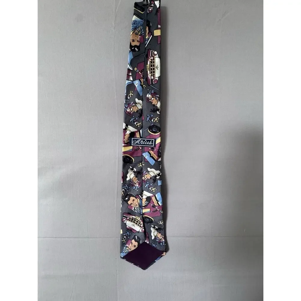 Vintage Arius 100% Silk Novelty Tie Elvis Rock & Roll Music Gray Made in Italy